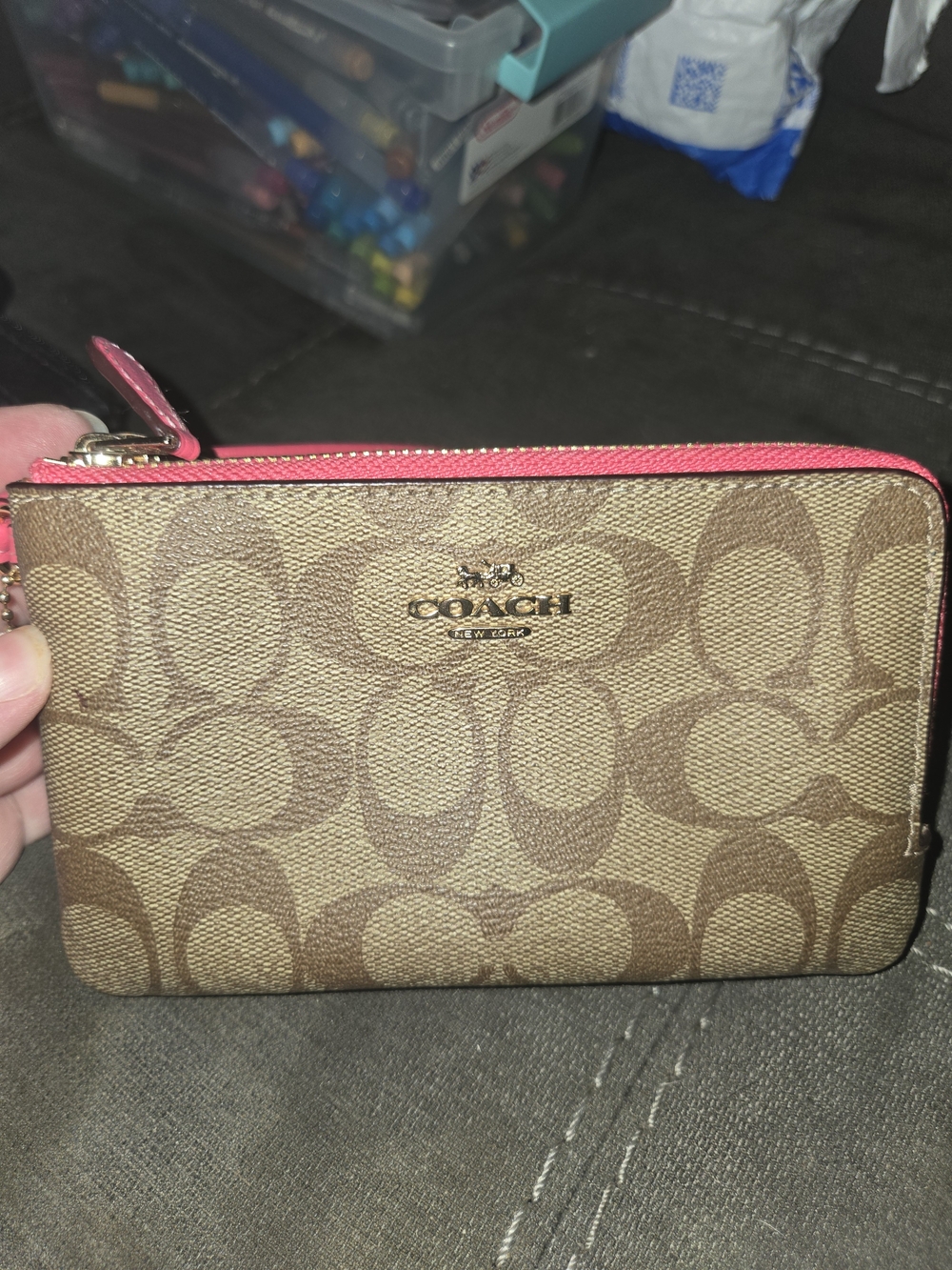 Coach Brown Signature Canvas Double Zip Wallet with Pink Trim